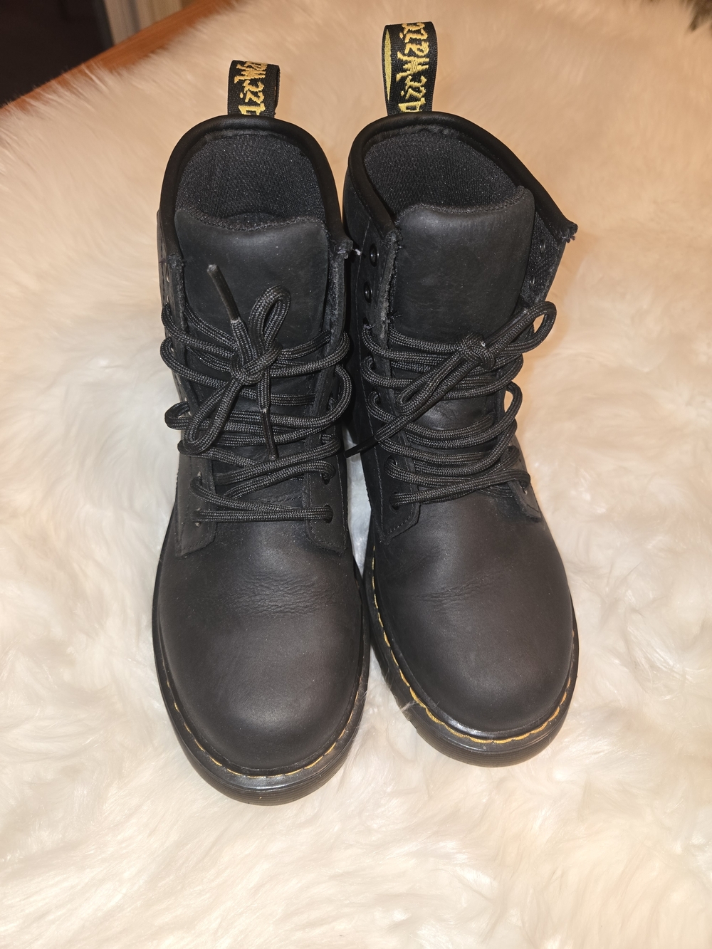 Dr. Martens Kids Black Lace-Up Combat Boots with Yellow Stitching